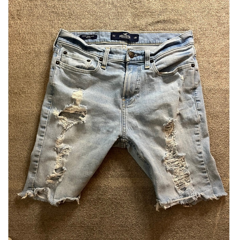 Hollister Epic Flex Skinny Denim Shorts Mens 28 Light Wash Distressed Frayed Hem
